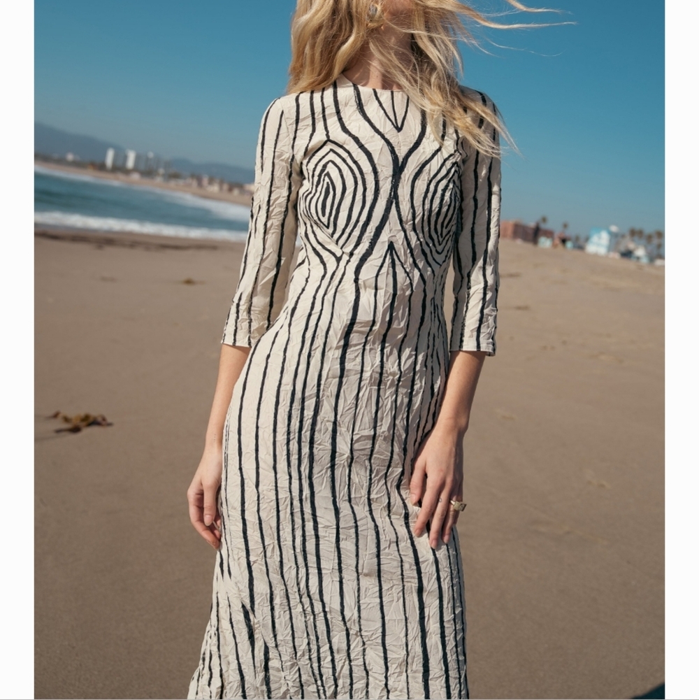 Zara Cream Long Sleeve Midi Dress with Black Vertical Stripes
